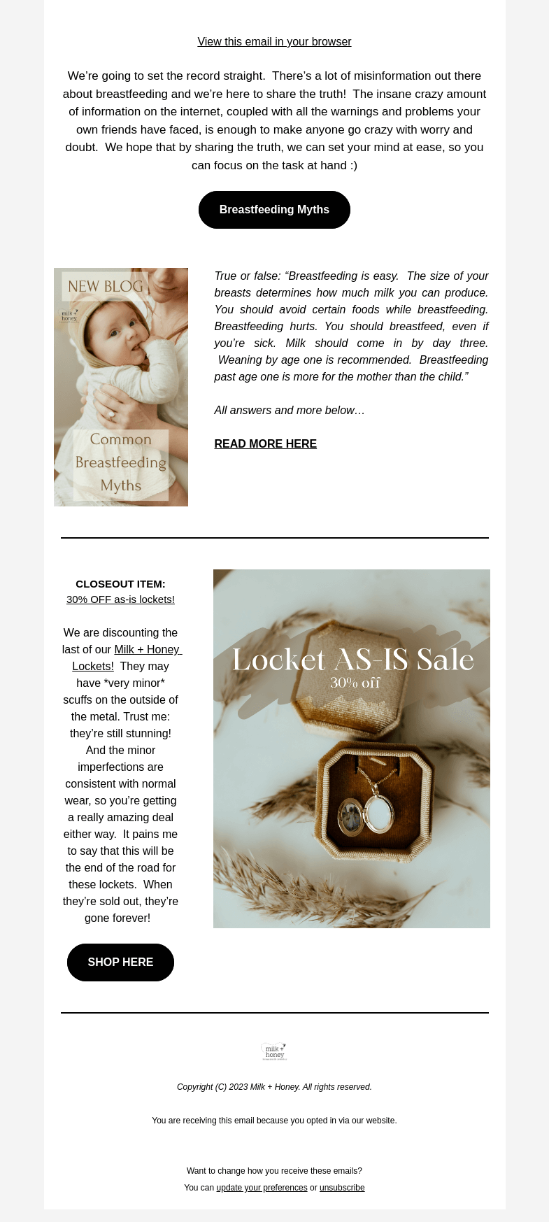 Письмо компании «Milk + Honey Jewelry» на тему «Breastfeeding Myths Debunked.»