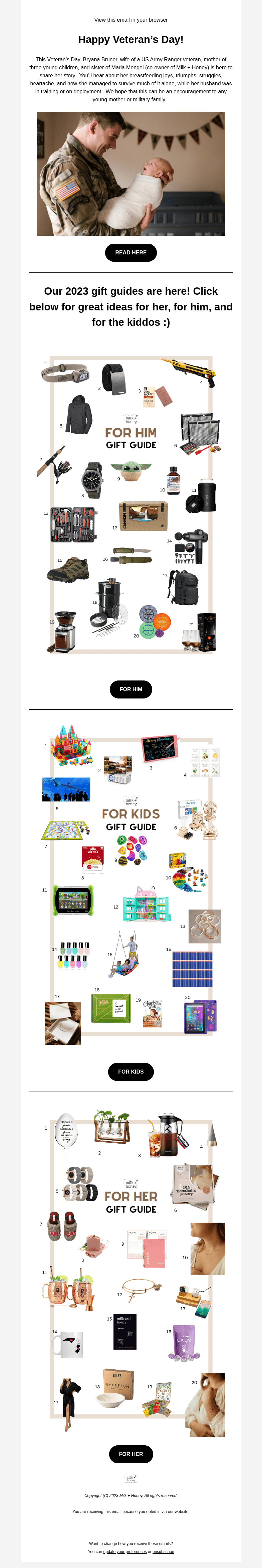 Письмо компании «Milk + Honey Jewelry» на тему «GIFT GUIDES are here! And Happy Veteran's Day»