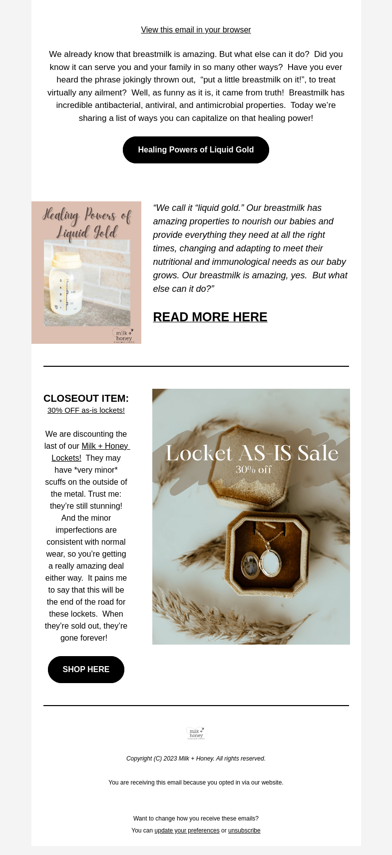 Письмо компании «Milk + Honey Jewelry» на тему «Healing Powers of Liquid Gold»