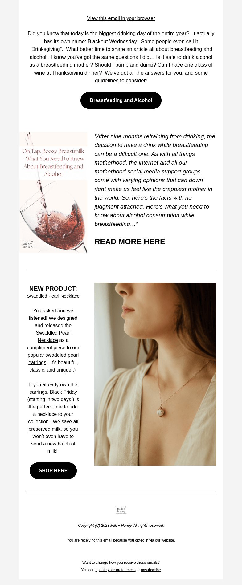 Письмо компании «Milk + Honey Jewelry» на тему «Alcohol and Breastfeeding - Blackout Wednesday»