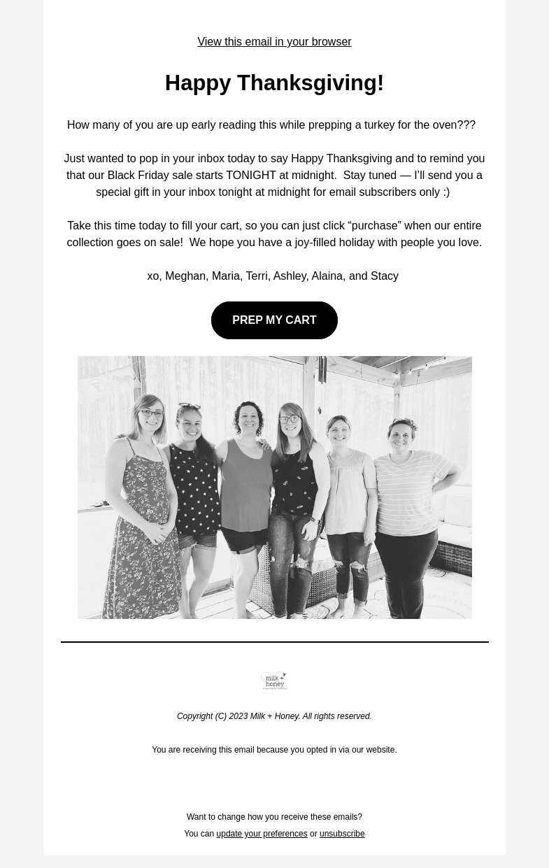 Письмо компании «Milk + Honey Jewelry» на тему «Happy Thanksgiving!»