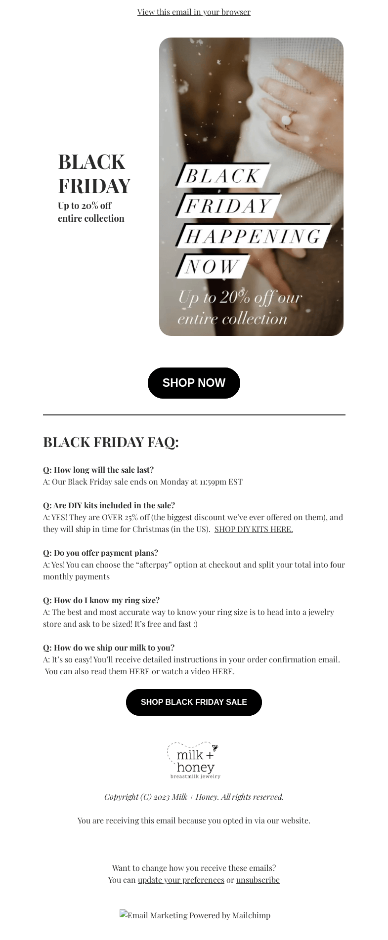 Письмо компании «Milk + Honey Jewelry» на тему «BLACK FRIDAY - Breastmilk Jewelry»