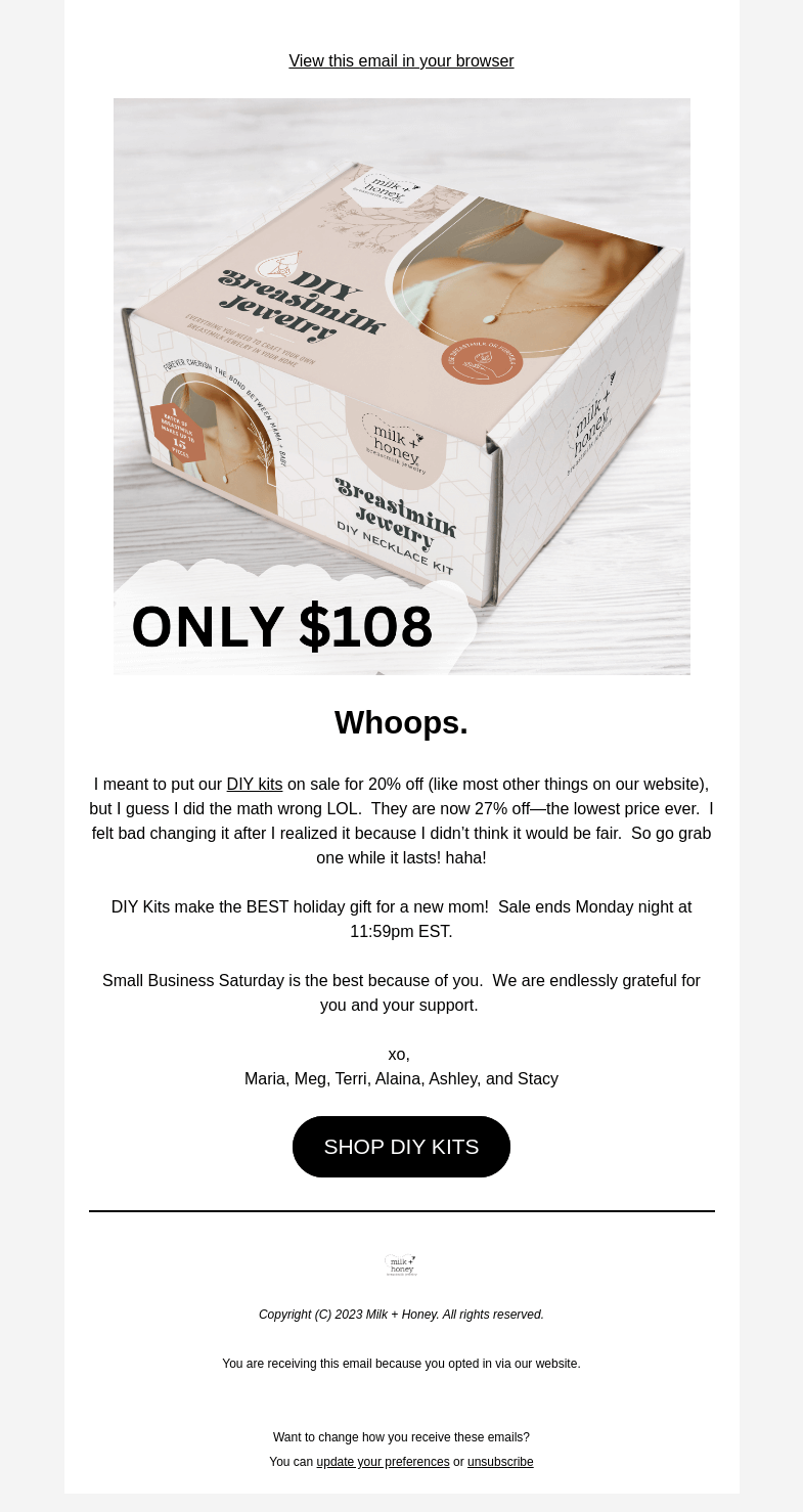 Письмо компании «Milk + Honey Jewelry» на тему «Whoops. I discounted DIY kits too much...»