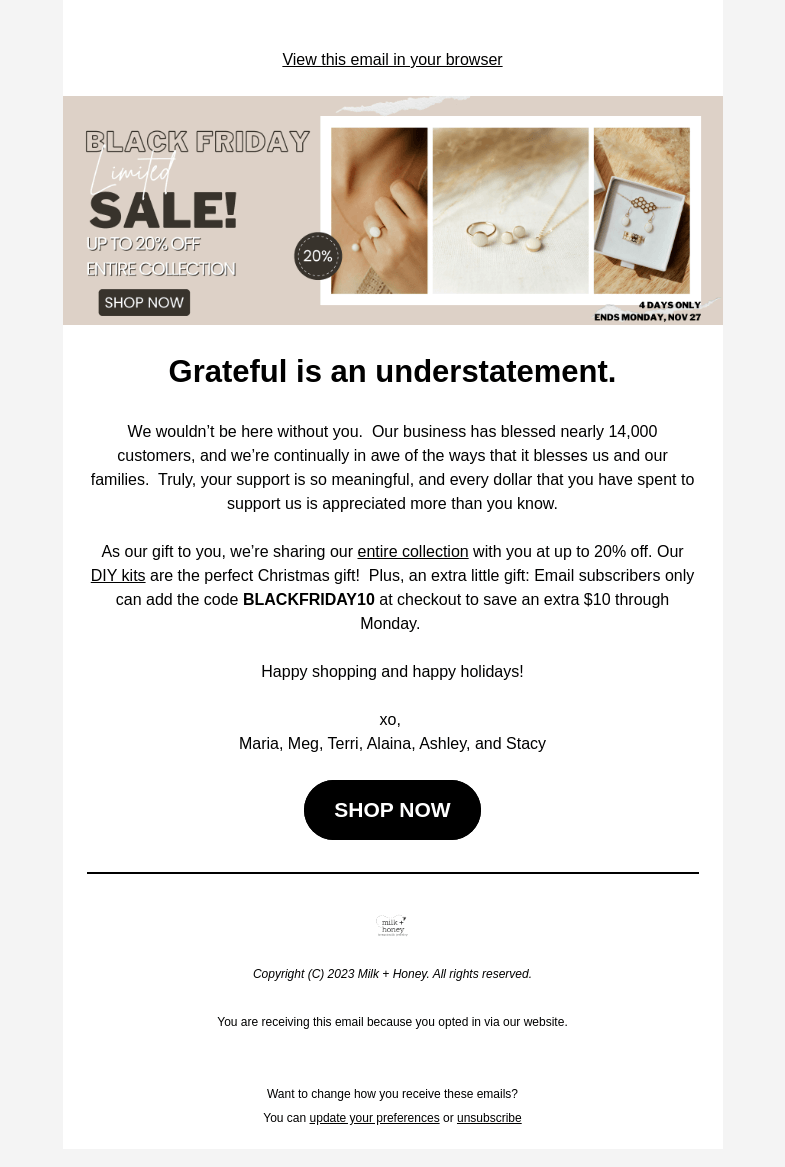 Письмо компании «Milk + Honey Jewelry» на тему «HAPPENING NOW! Our gift to you...»