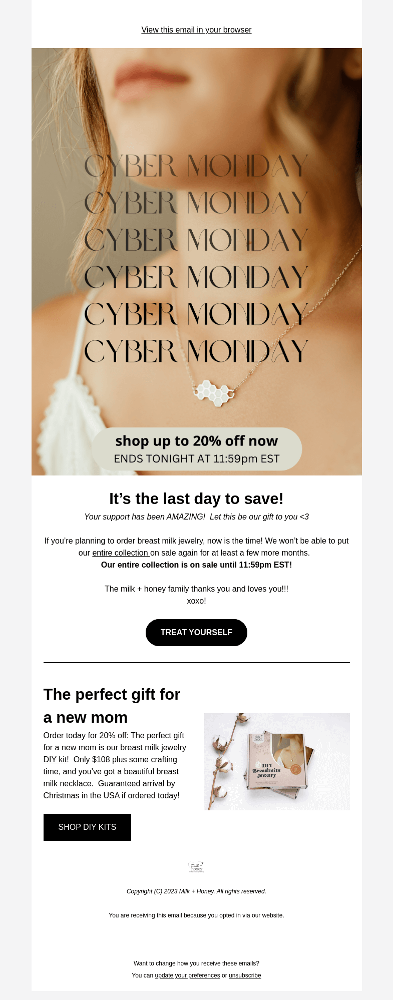 Письмо компании «Milk + Honey Jewelry» на тему «LAST DAY to save up to 20% on breast milk jewelry»