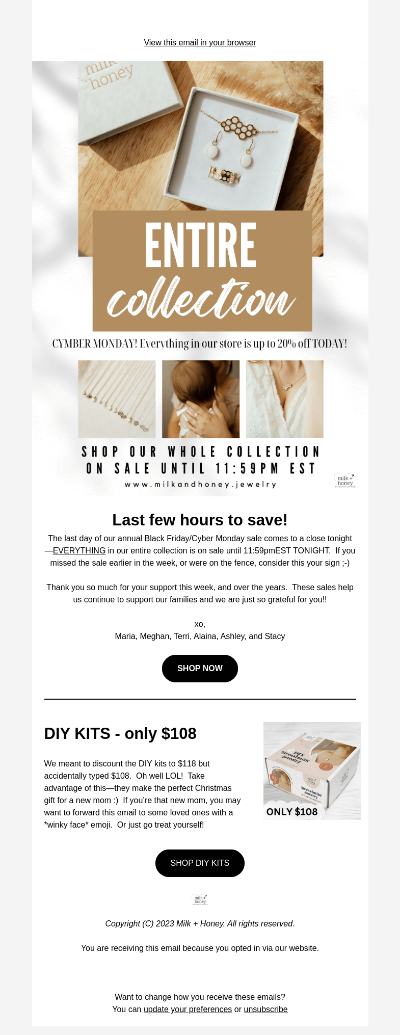 Письмо компании «Milk + Honey Jewelry» на тему «LAST FEW HOURS»