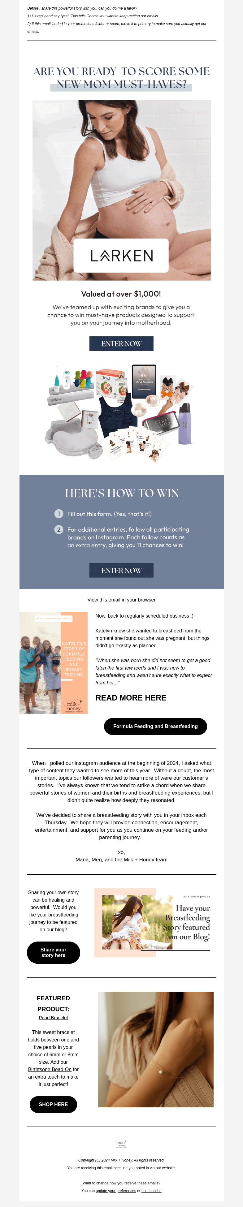 Письмо компании «Milk + Honey Jewelry» на тему «GIVEAWAY(!) and switching to formula feeding...»