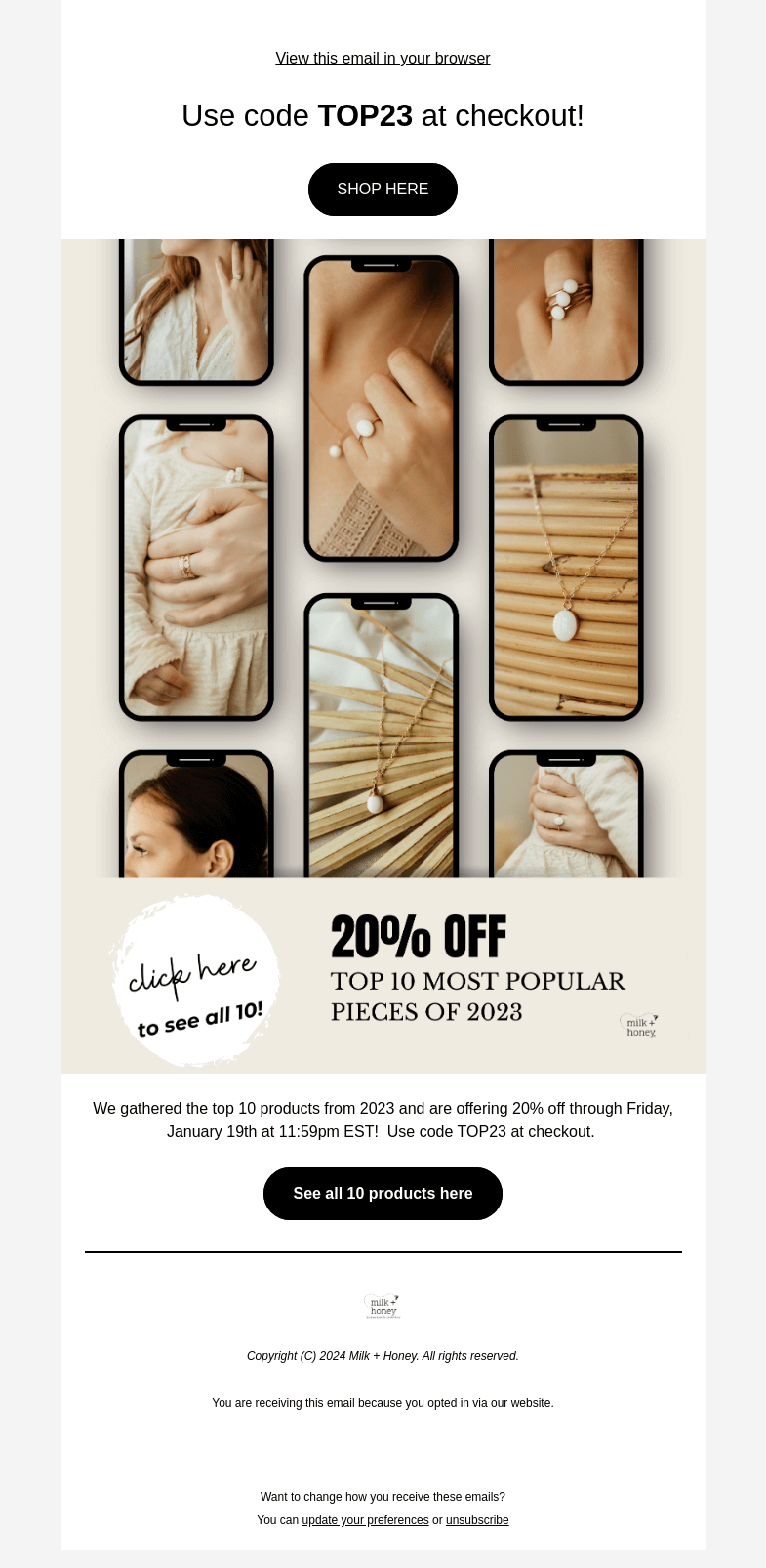 Письмо компании «Milk + Honey Jewelry» на тему «20% OFF our TOP products from 2023»