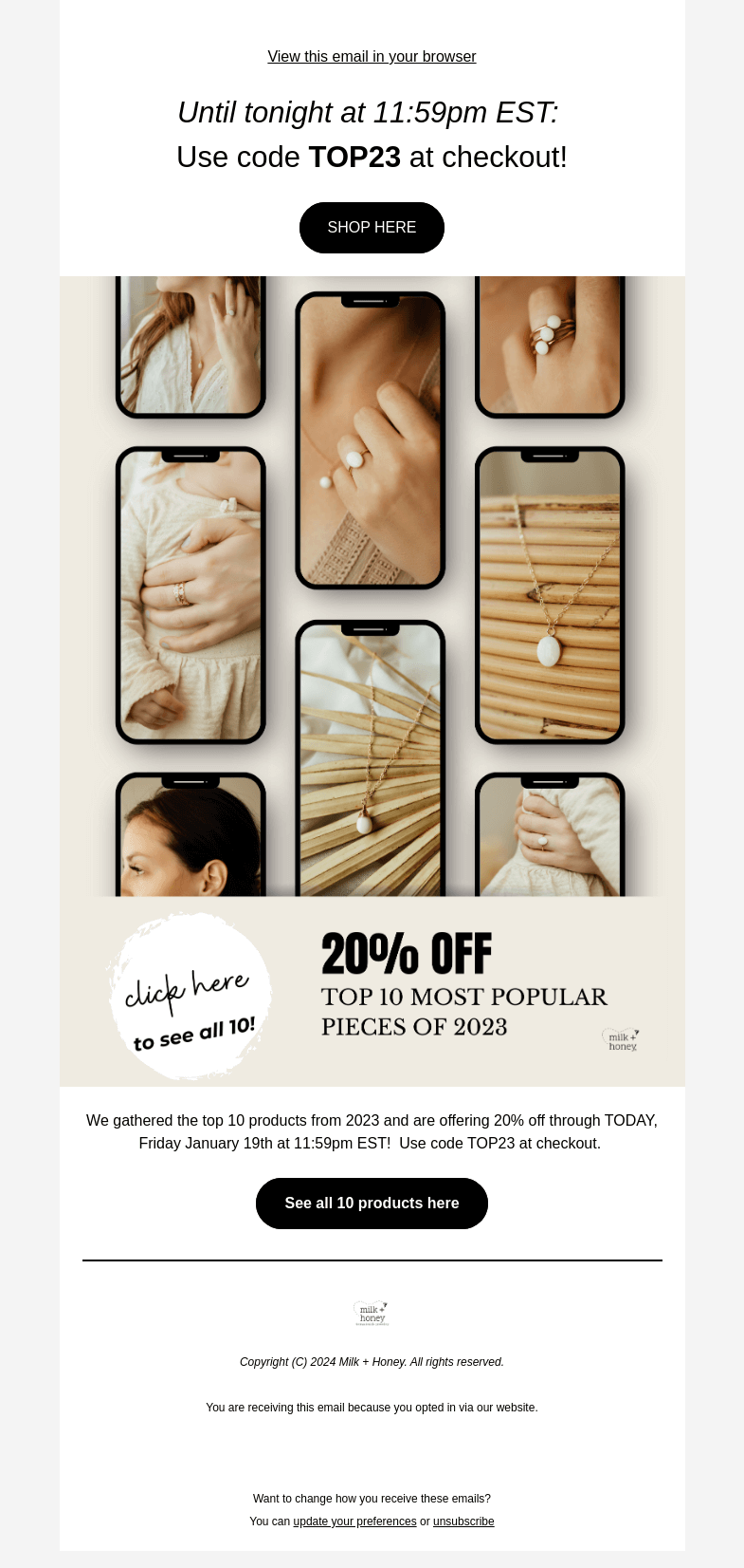 Письмо компании «Milk + Honey Jewelry» на тему «LAST CHANCE TO SAVE: 20% off top products»