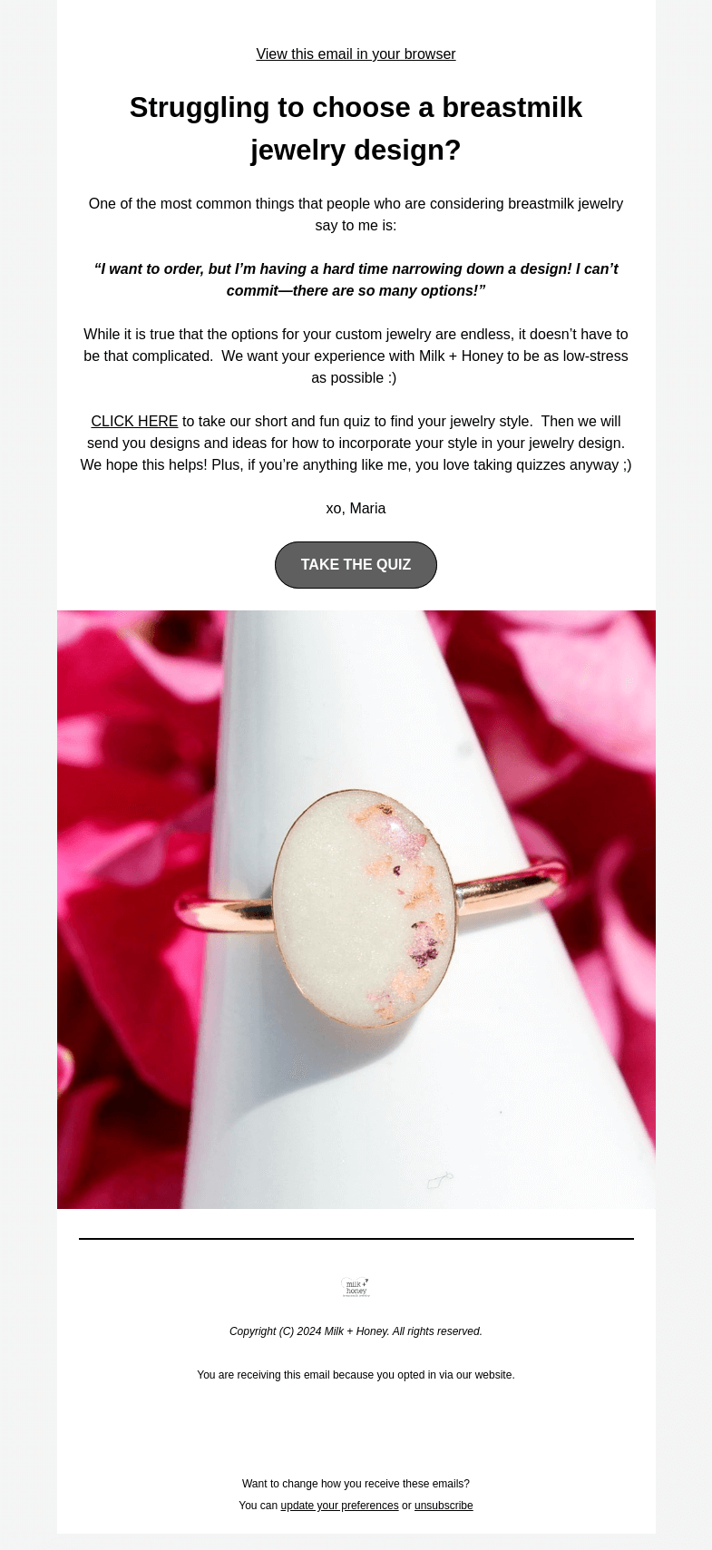 Письмо компании «Milk + Honey Jewelry» на тему «Find your breastmilk jewelry style QUIZ»