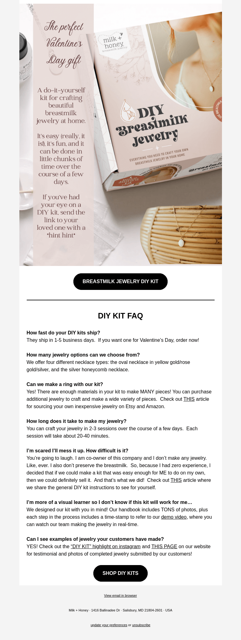 Письмо компании «Milk + Honey Jewelry» на тему «Want a DIY Kit for Valentine's Day?»