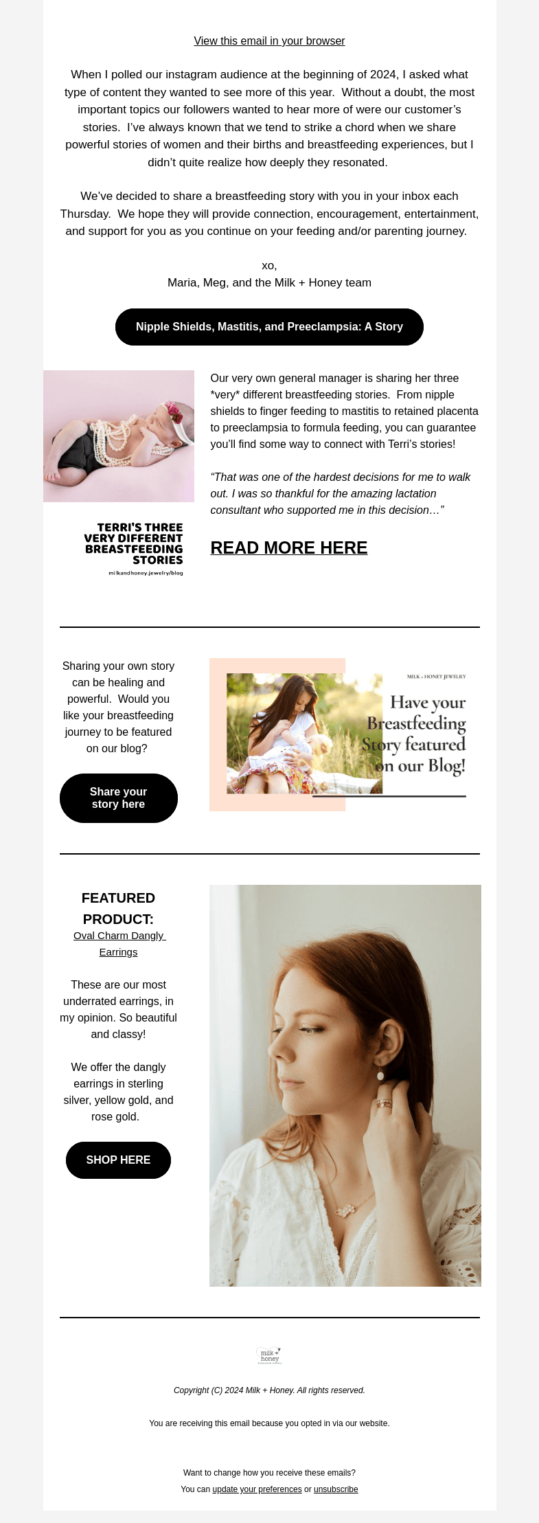 Письмо компании «Milk + Honey Jewelry» на тему «Nipple Shields, Mastitis, and Preeclampsia»