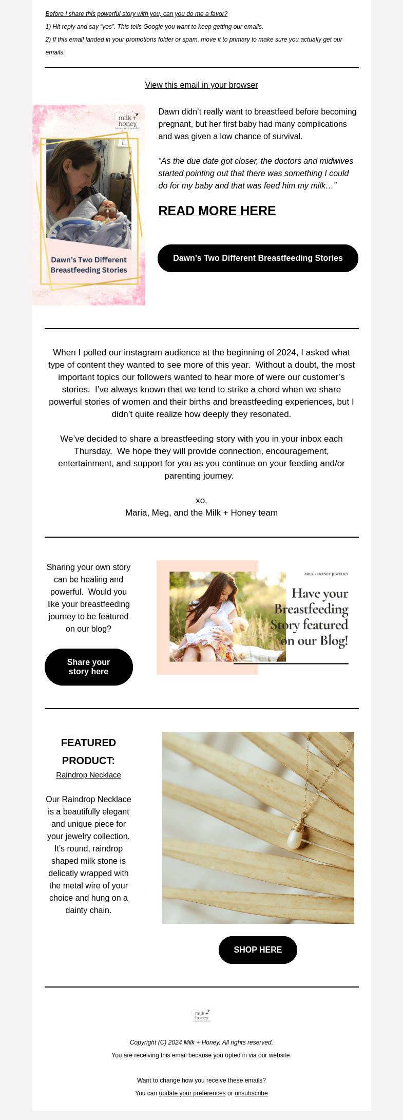 Письмо компании «Milk + Honey Jewelry» на тему «Breastfeeding a medically fragile baby...»