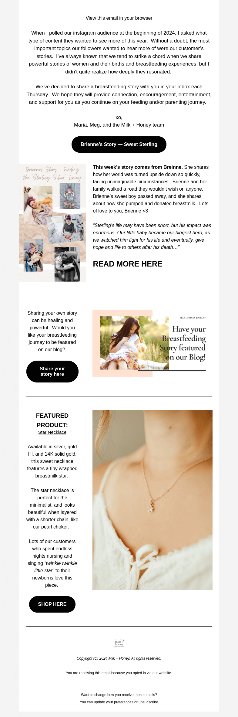Письмо компании «Milk + Honey Jewelry» на тему «Donating breastmilk when faced with the unthinkable...»