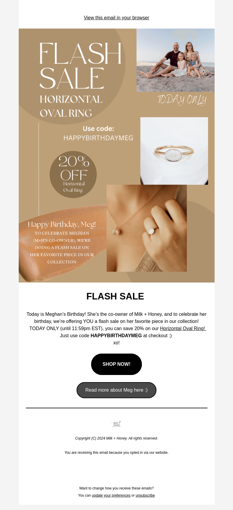 Письмо компании «Milk + Honey Jewelry» на тему «FLASH SALE 👀»