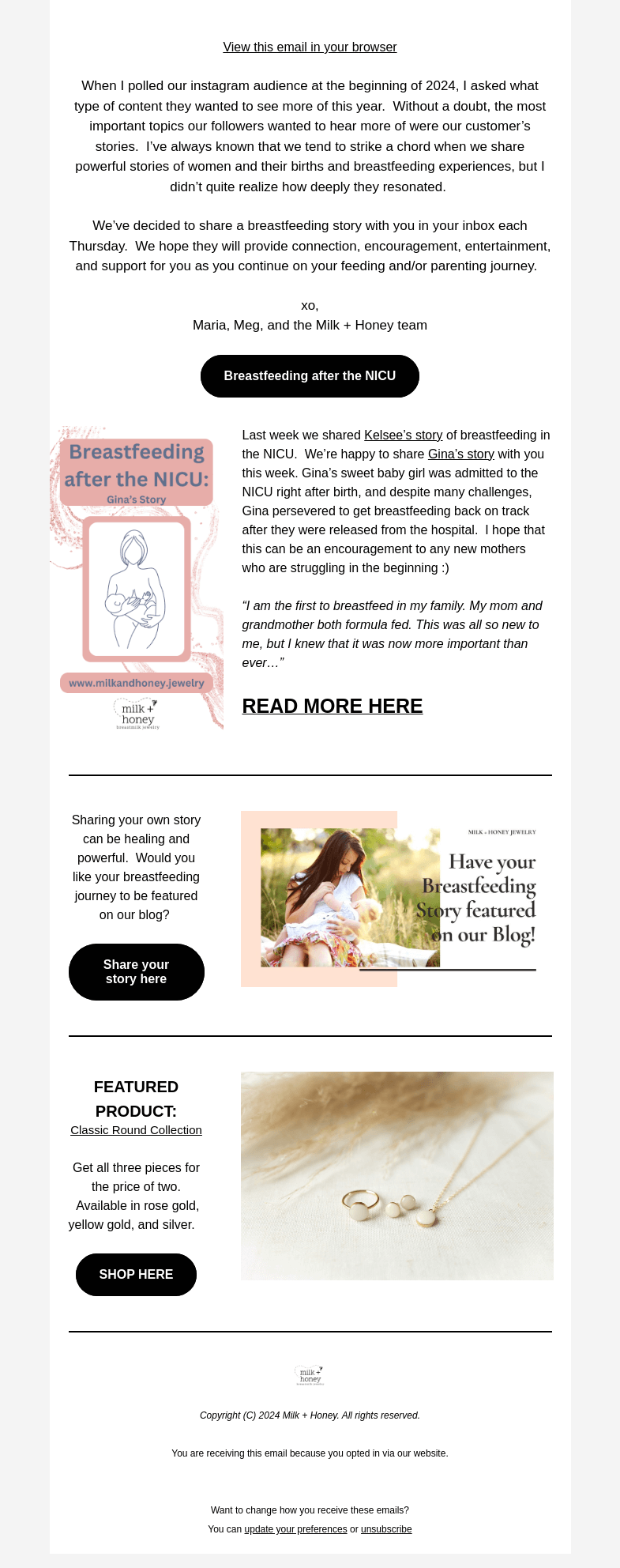 Письмо компании «Milk + Honey Jewelry» на тему «Breastfeeding after a NICU stay»