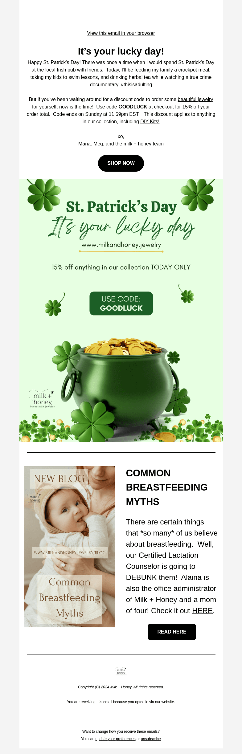 Письмо компании «Milk + Honey Jewelry» на тему «It's your lucky day 🍀»