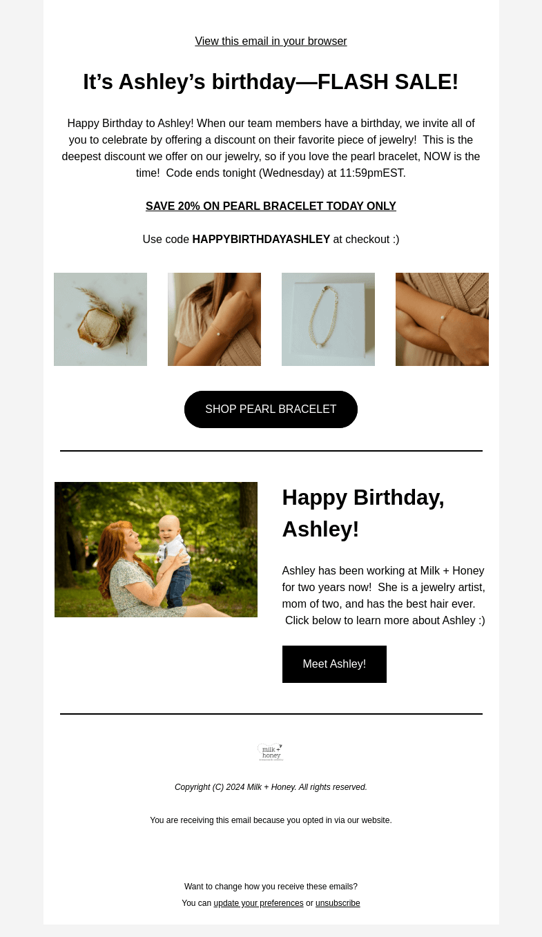 Письмо компании «Milk + Honey Jewelry» на тему «FLASH SALE 👀»