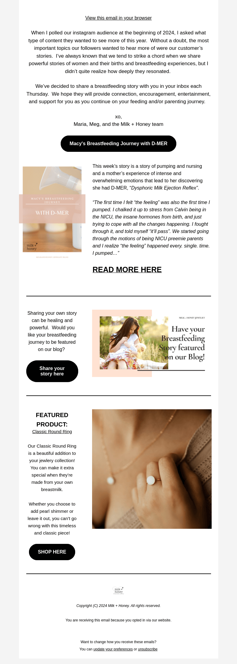 Письмо компании «Milk + Honey Jewelry» на тему «Macy lit her breast pump on FIRE»