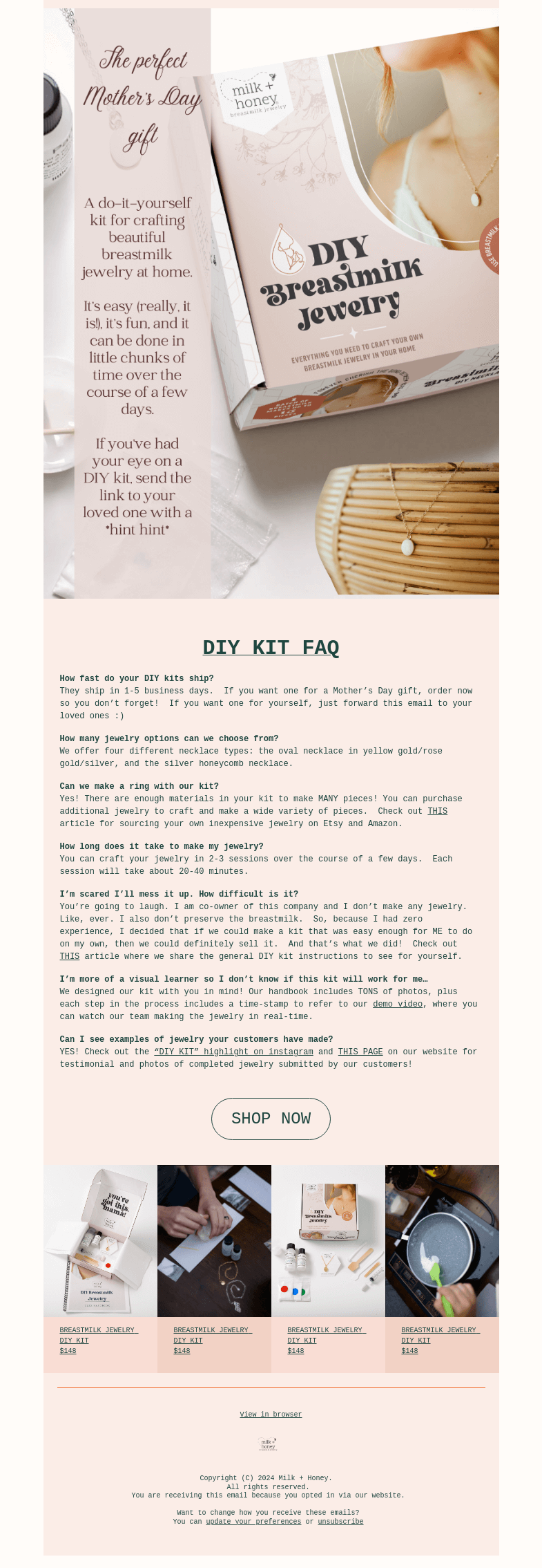 Письмо компании «Milk + Honey Jewelry» на тему «DIY Kits for Mother's Day»
