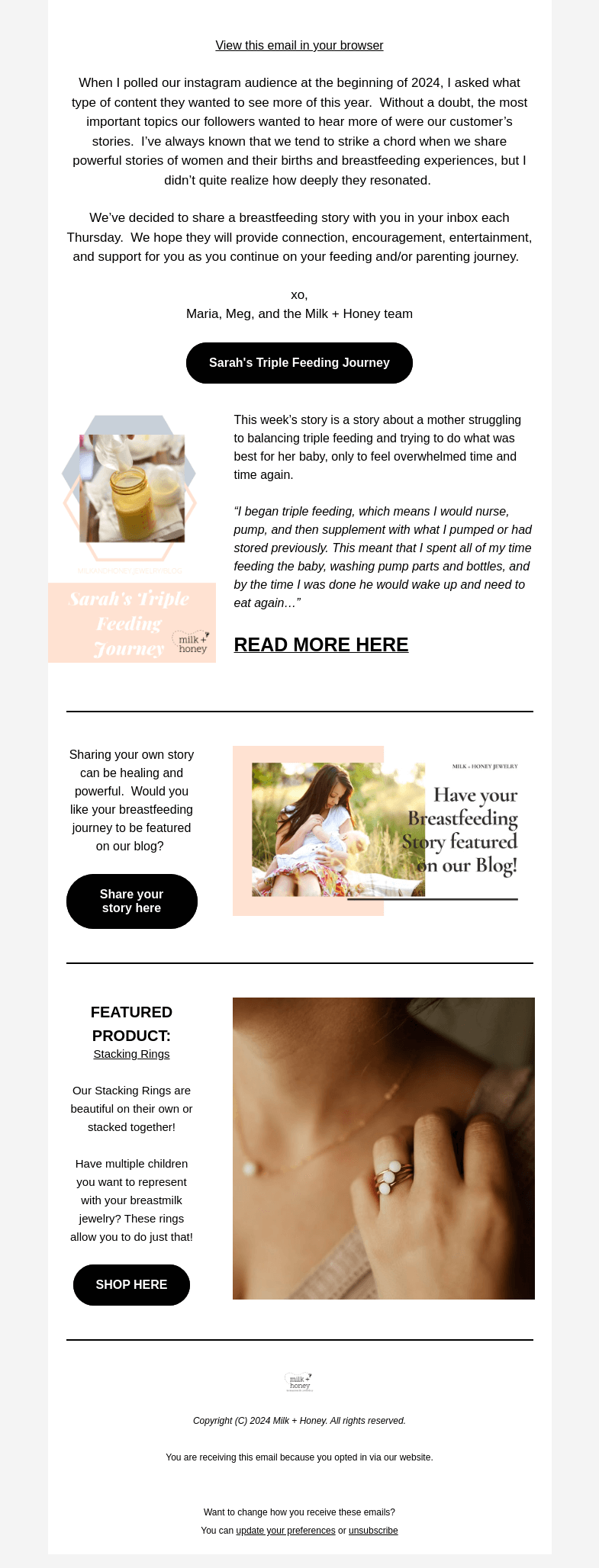 Письмо компании «Milk + Honey Jewelry» на тему «Nursing, pumping, AND bottle feeding: OH MY!»