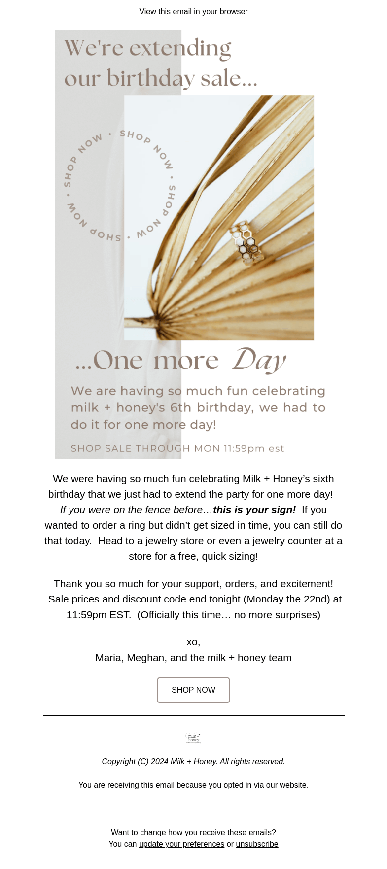 Письмо компании «Milk + Honey Jewelry» на тему «Surprise! Everything on sale for one more day!»