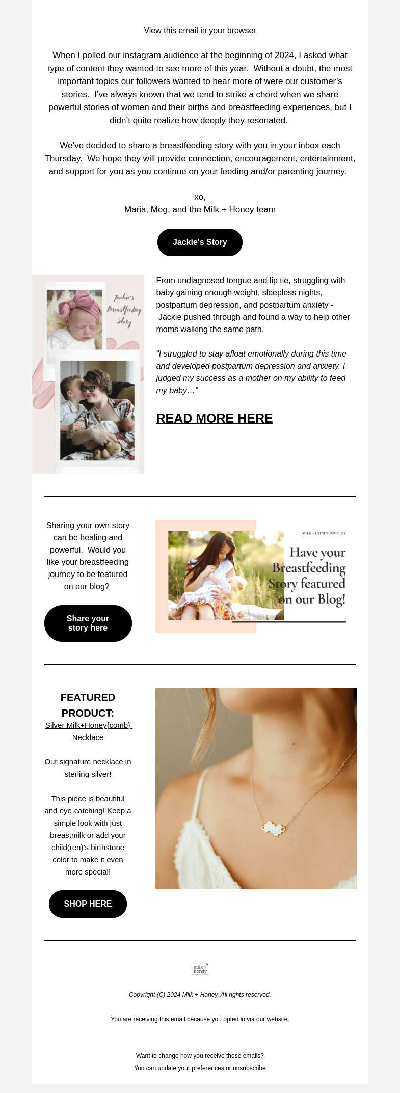 Письмо компании «Milk + Honey Jewelry» на тему «Breastfeeding with depression and anxiety»