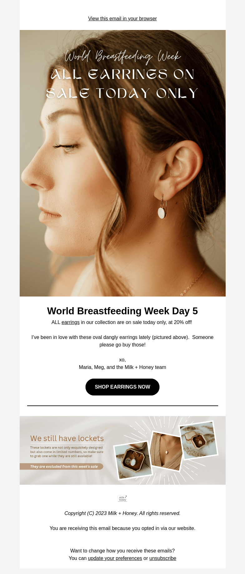 Письмо компании «Milk + Honey Jewelry» на тему «LAST CHANCE: It's earring day!»