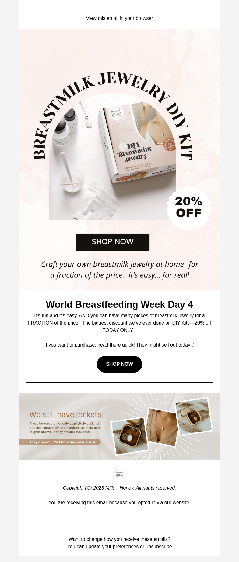 Письмо компании «Milk + Honey Jewelry» на тему «LAST CHANCE: DIY Kits 20% off!»