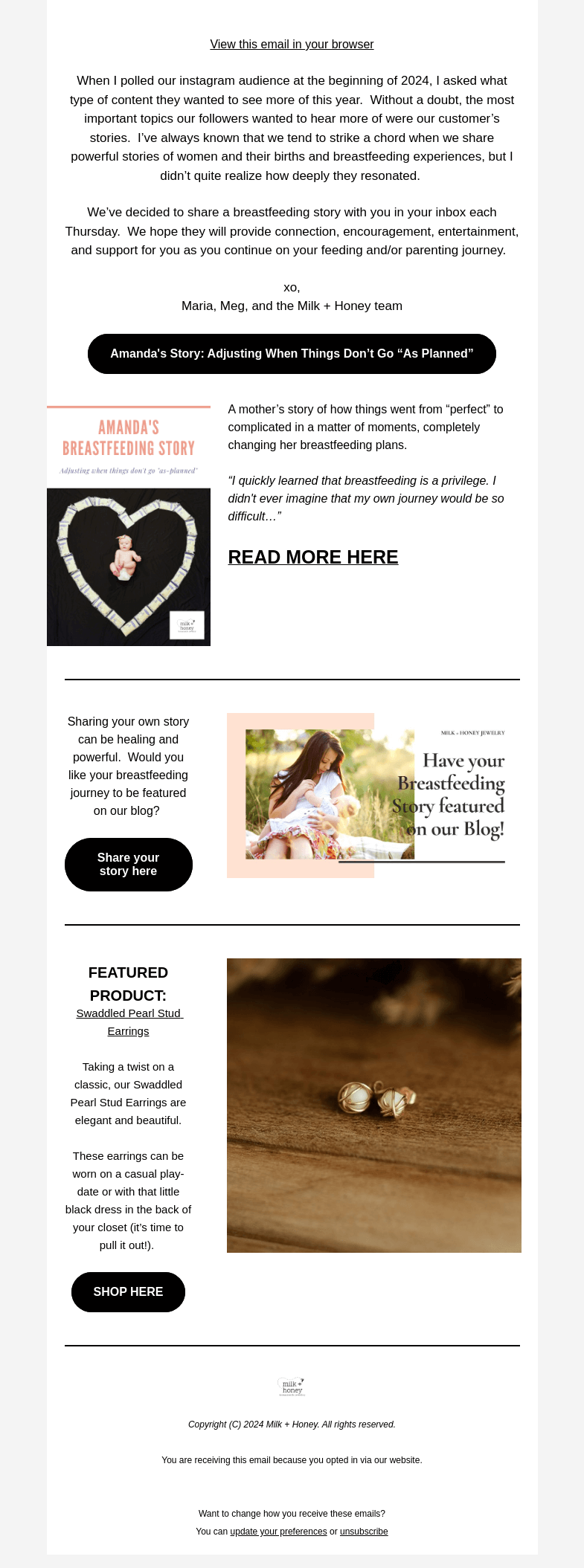 Письмо компании «Milk + Honey Jewelry» на тему «When breastfeeding doesn't go as planned»