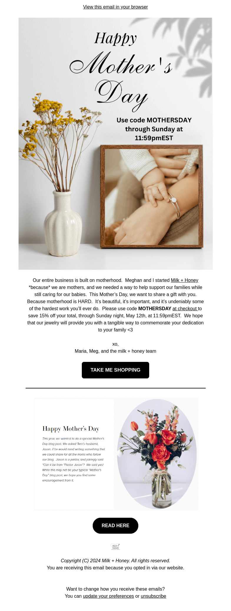 Письмо компании «Milk + Honey Jewelry» на тему «15% OFF for Mother's Day💮»