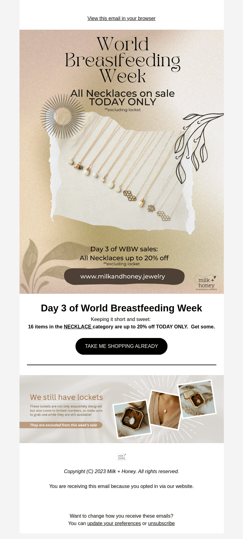 Письмо компании «Milk + Honey Jewelry» на тему «I just put 16 items on sale...»