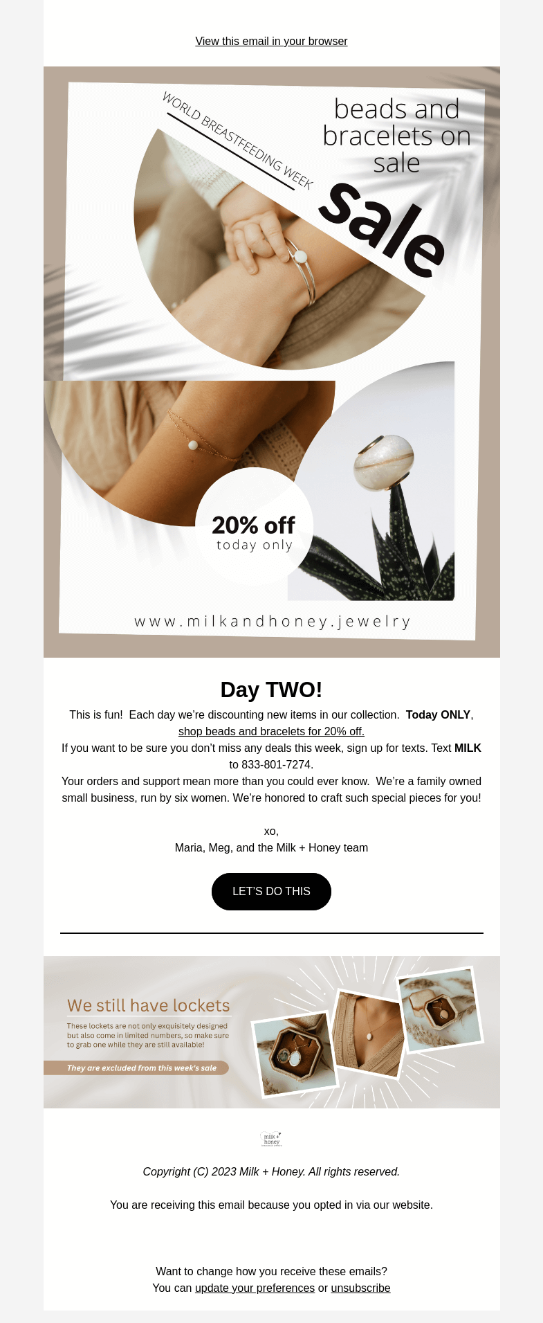 Письмо компании «Milk + Honey Jewelry» на тему «DAY TWO: see what's on sale today...»