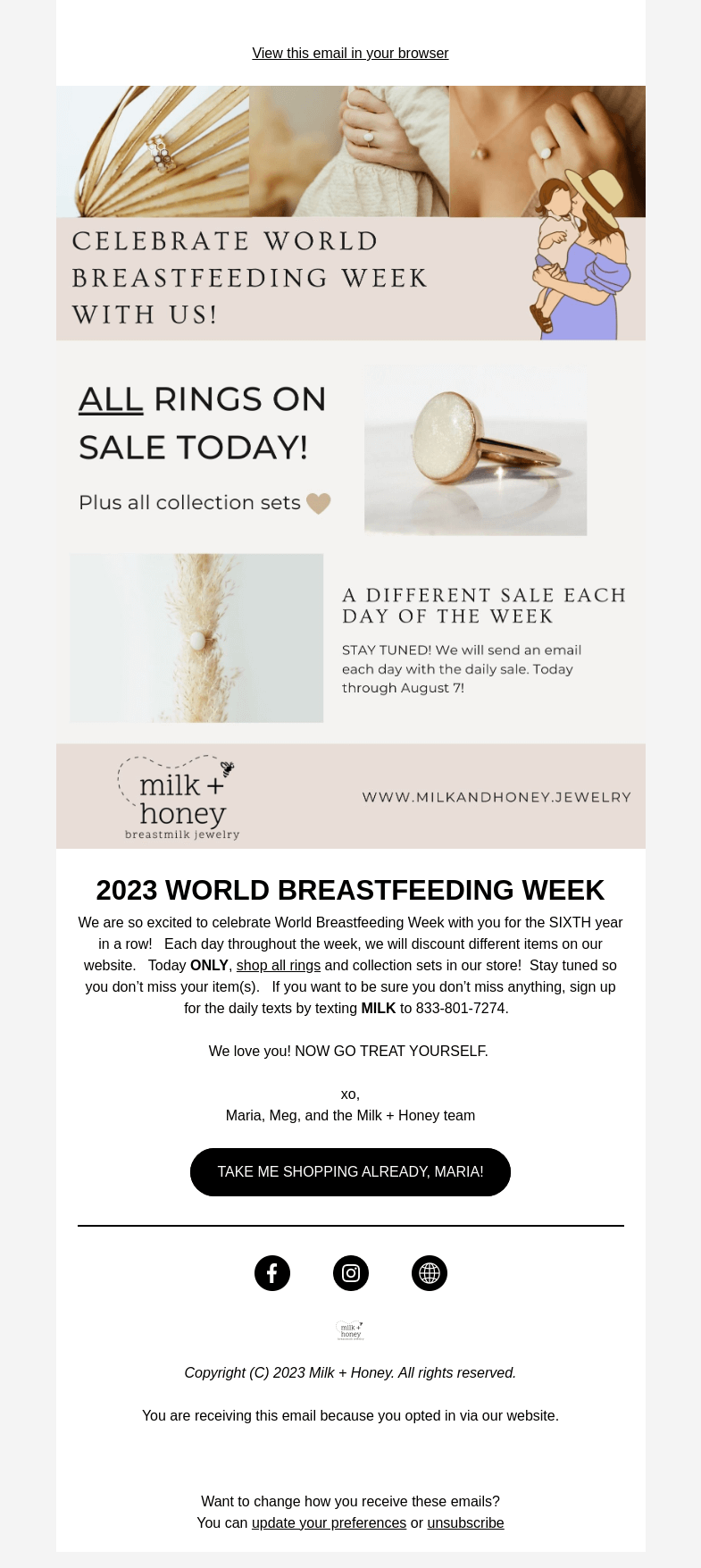 Письмо компании «Milk + Honey Jewelry» на тему «ALL RINGS on sale TODAY ONLY!»