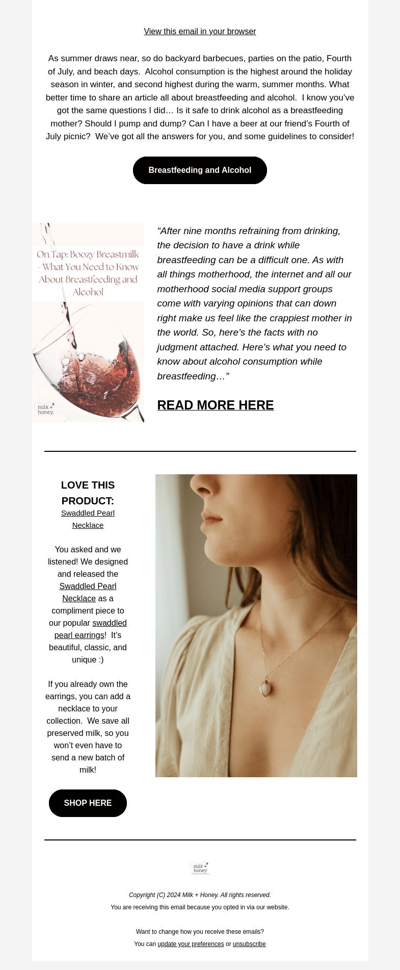 Письмо компании «Milk + Honey Jewelry» на тему «Alcohol and Breastfeeding»