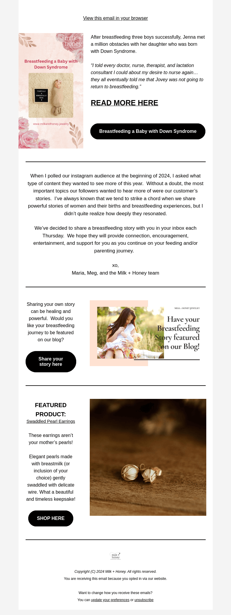 Письмо компании «Milk + Honey Jewelry» на тему «Breastfeeding A Baby with Down Syndrome»