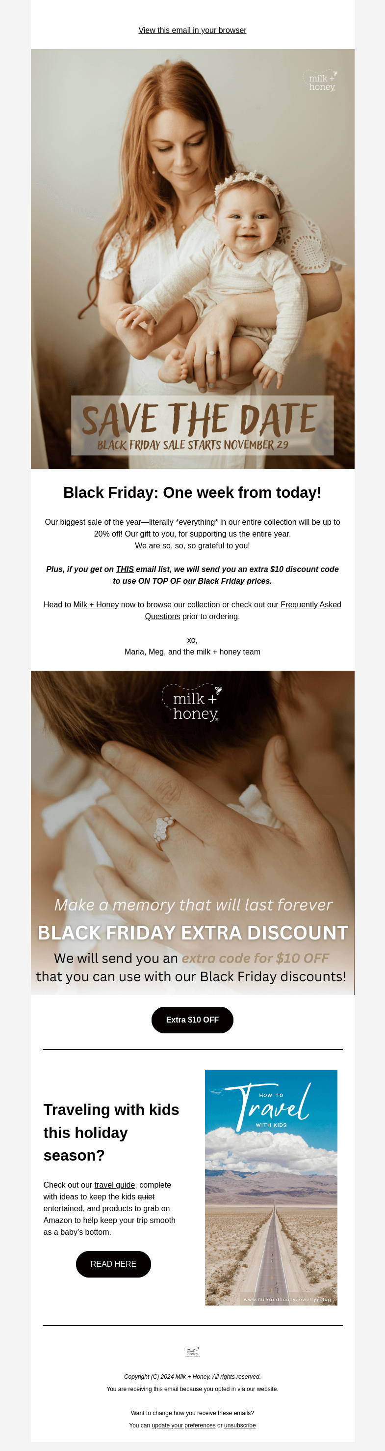 Письмо компании «Milk + Honey Jewelry» на тему «Save the Date: Black Friday coming soon»