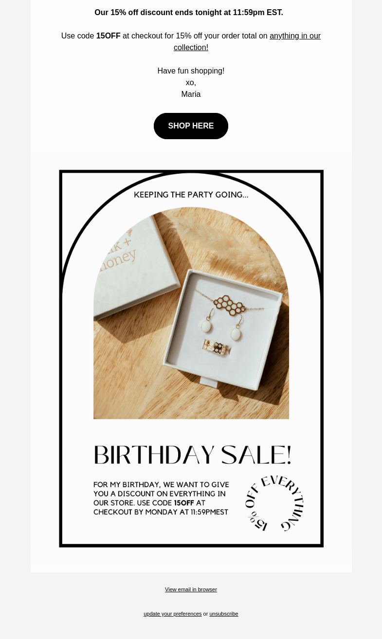 Письмо компании «Milk + Honey Jewelry» на тему «Last few hours to save»