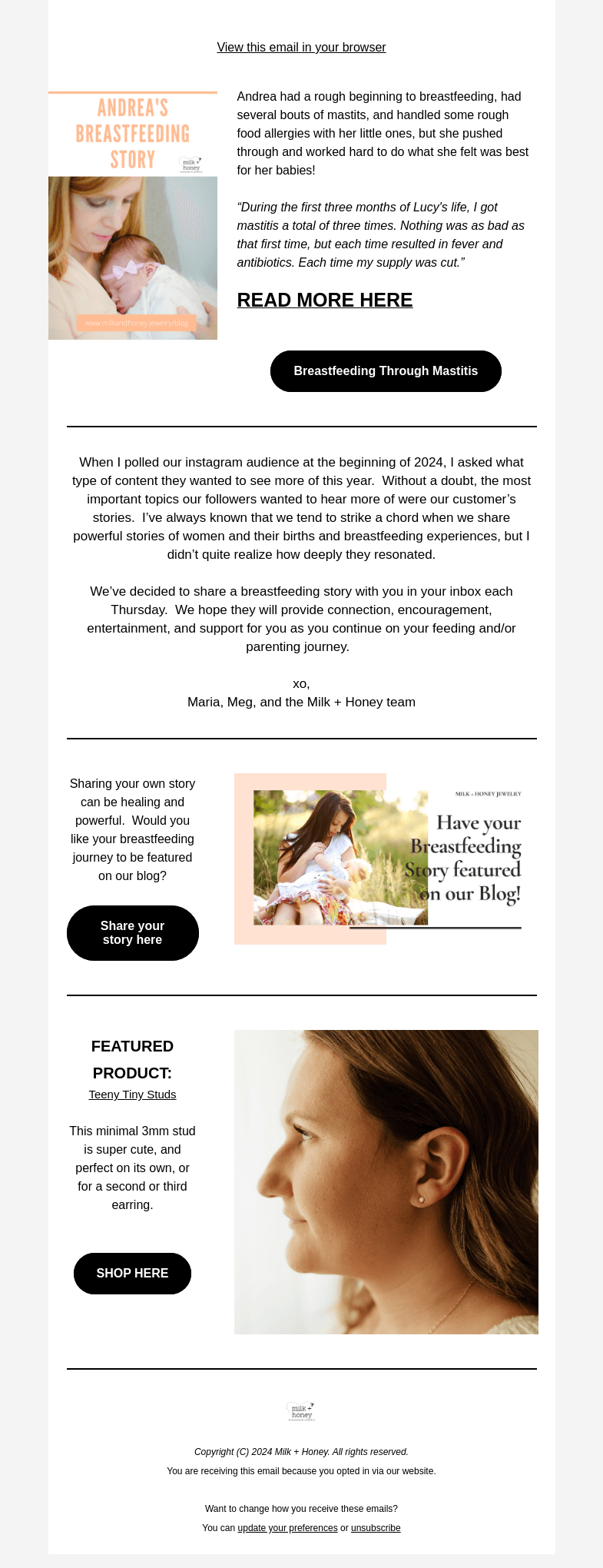 Письмо компании «Milk + Honey Jewelry» на тему «Breastfeeding with mastitis»