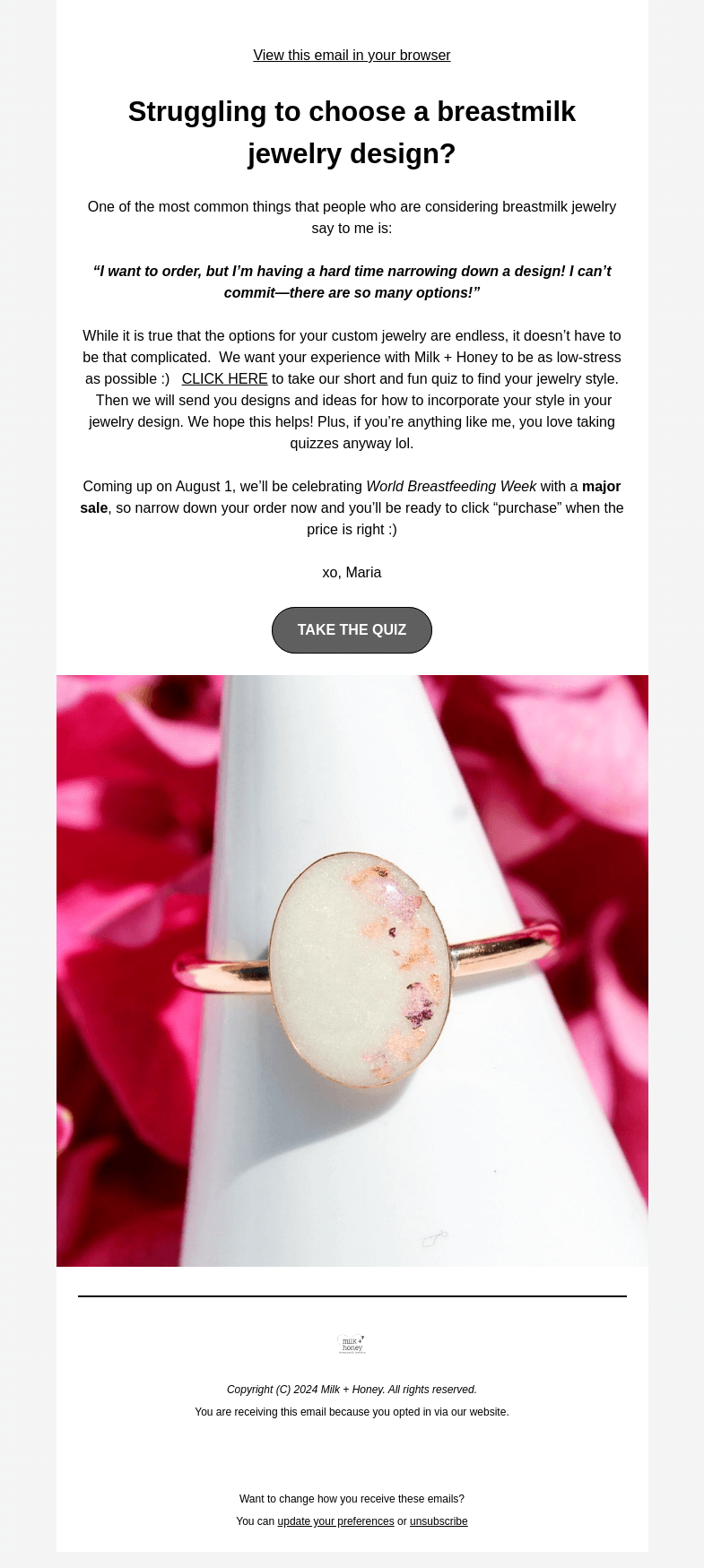 Письмо компании «Milk + Honey Jewelry» на тему «Find your breastmilk jewelry style QUIZ»