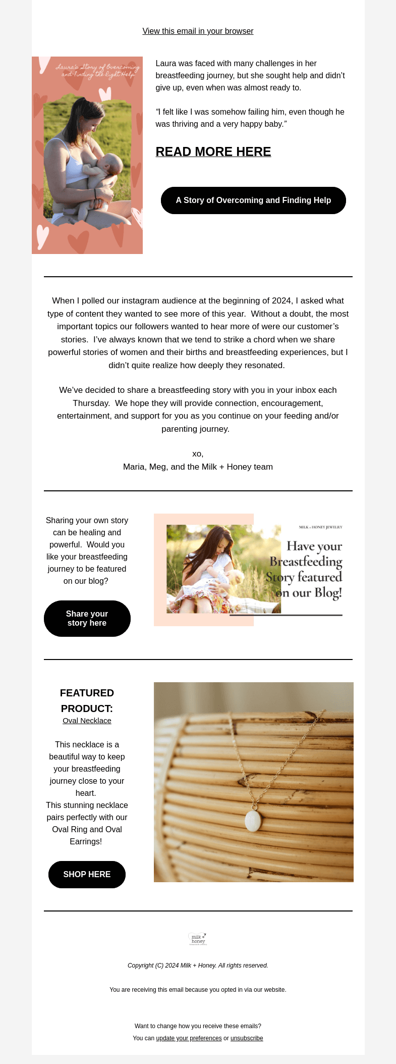 Письмо компании «Milk + Honey Jewelry» на тему «The power of a great lactation consultant»