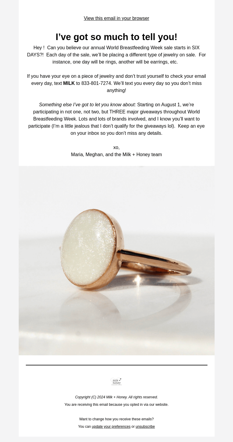 Письмо компании «Milk + Honey Jewelry» на тему «MARK YOUR CALENDARS 👀»