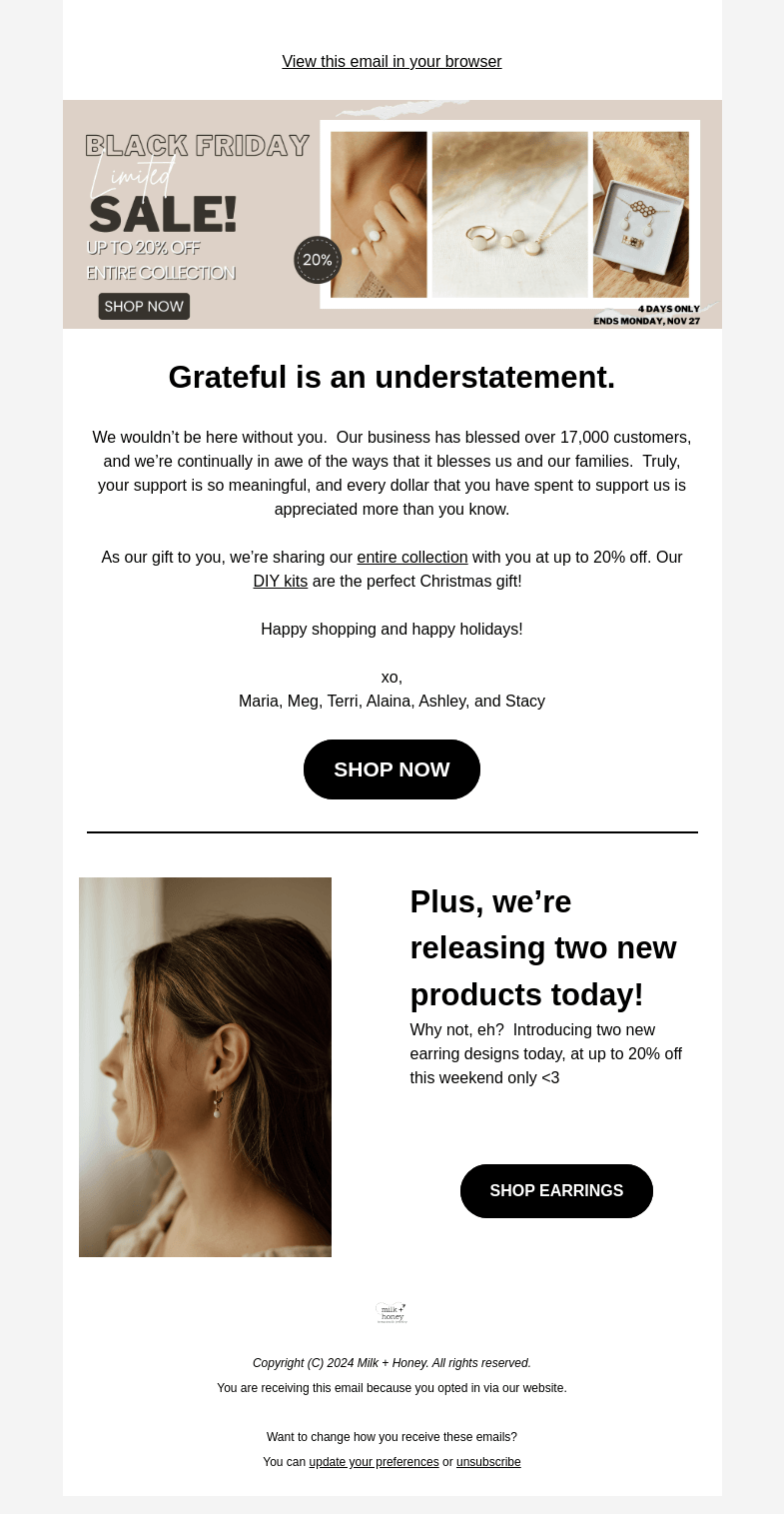 Письмо компании «Milk + Honey Jewelry» на тему «BLACK FRIDAY SALE✨»