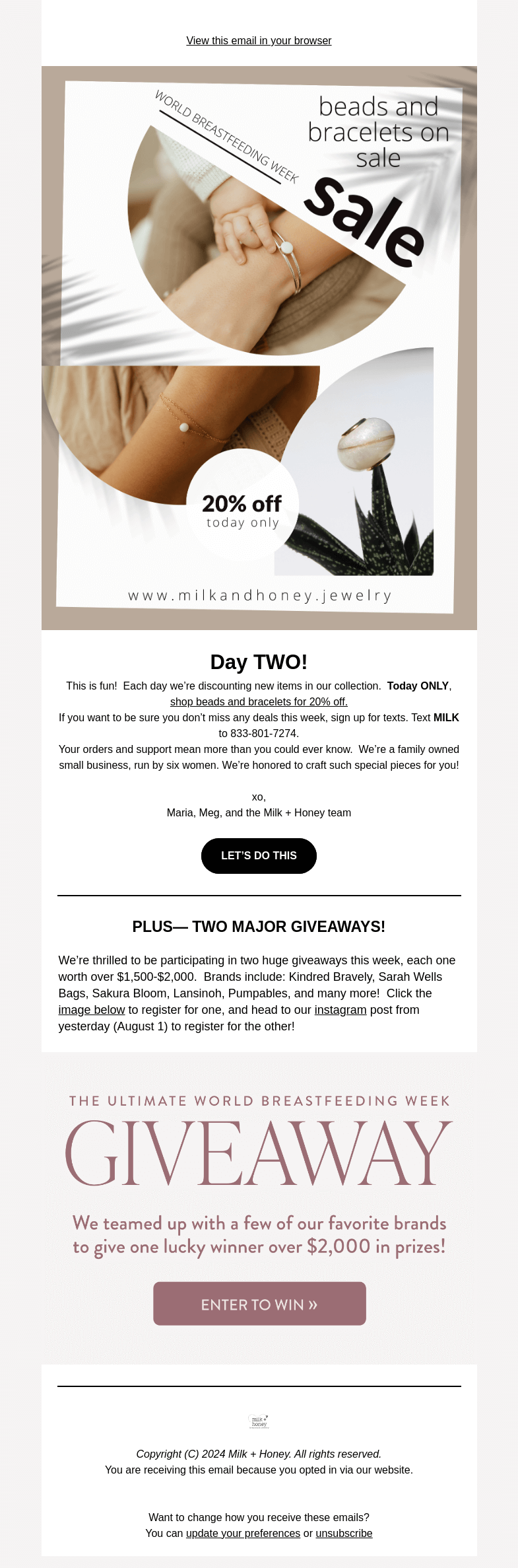 Письмо компании «Milk + Honey Jewelry» на тему «See what's on sale today PLUS a giveaway!»