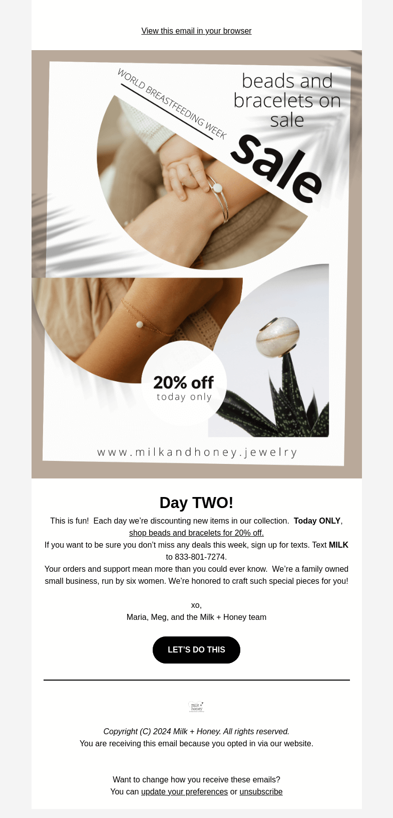 Письмо компании «Milk + Honey Jewelry» на тему «LAST CHANCE: Day TWO sales!»