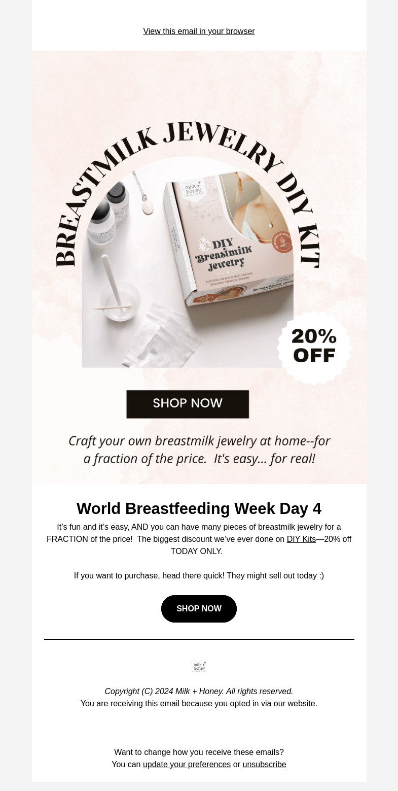 Письмо компании «Milk + Honey Jewelry» на тему «LAST CHANCE: DIY Kits 20% off!»