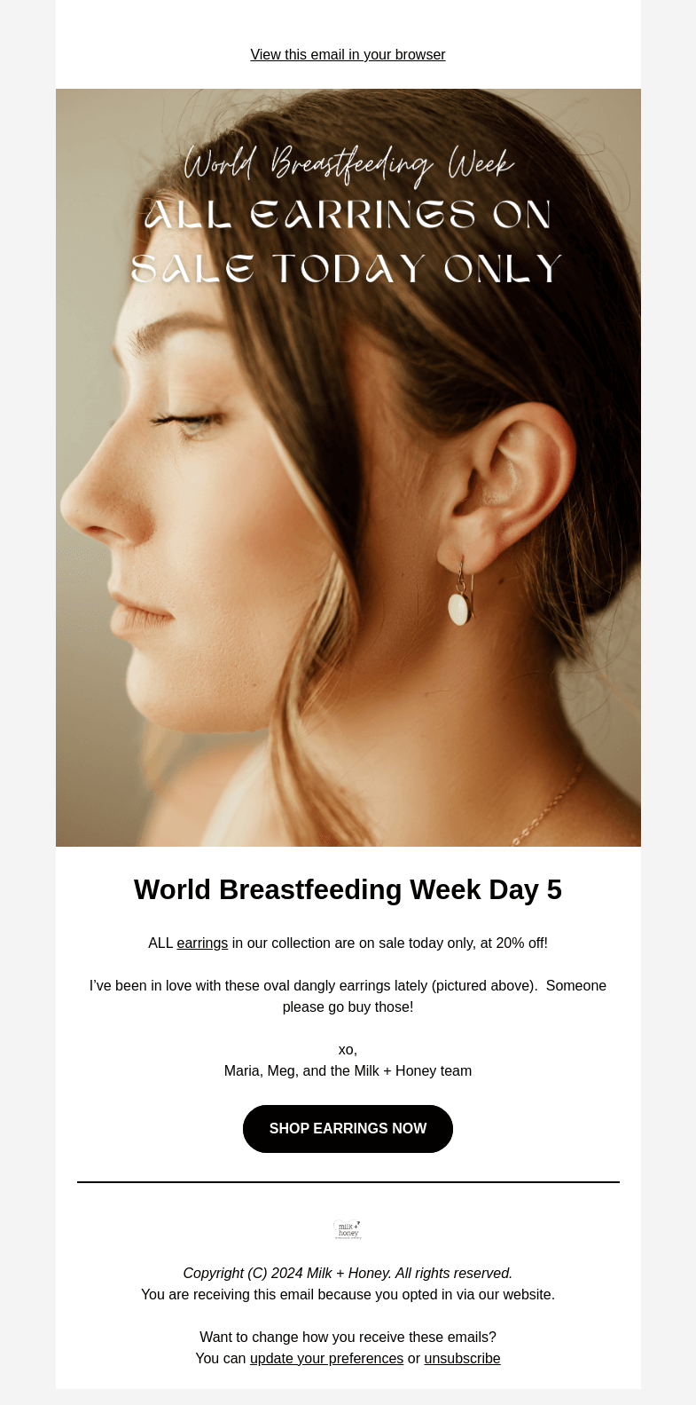 Письмо компании «Milk + Honey Jewelry» на тему «It's earring day!»
