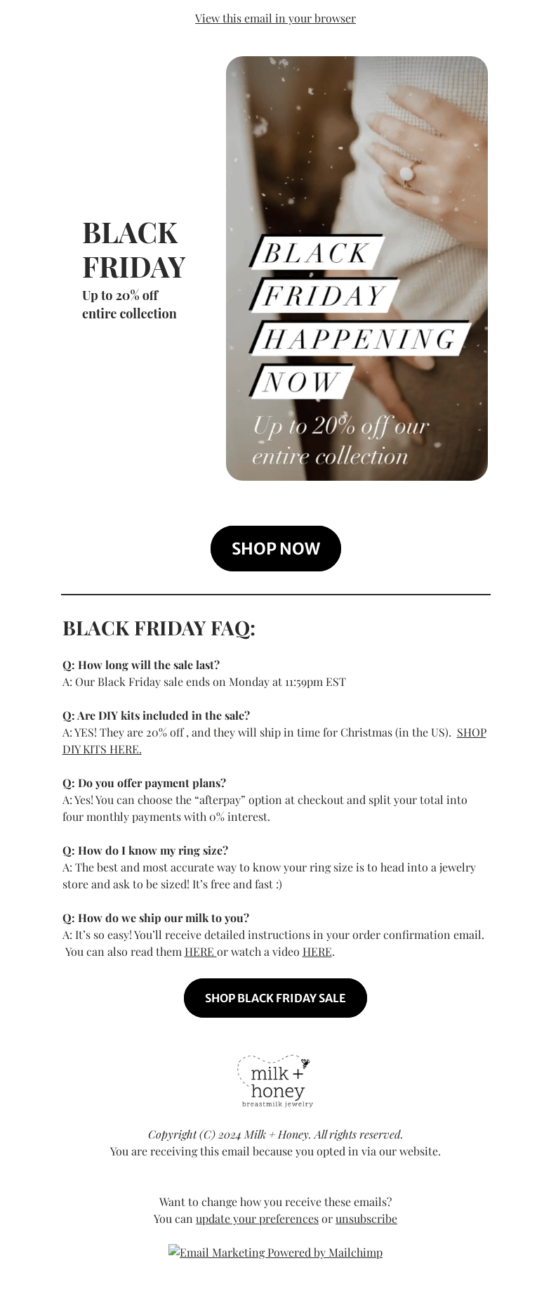 Письмо компании «Milk + Honey Jewelry» на тему «BLACK FRIDAY - Breastmilk Jewelry»