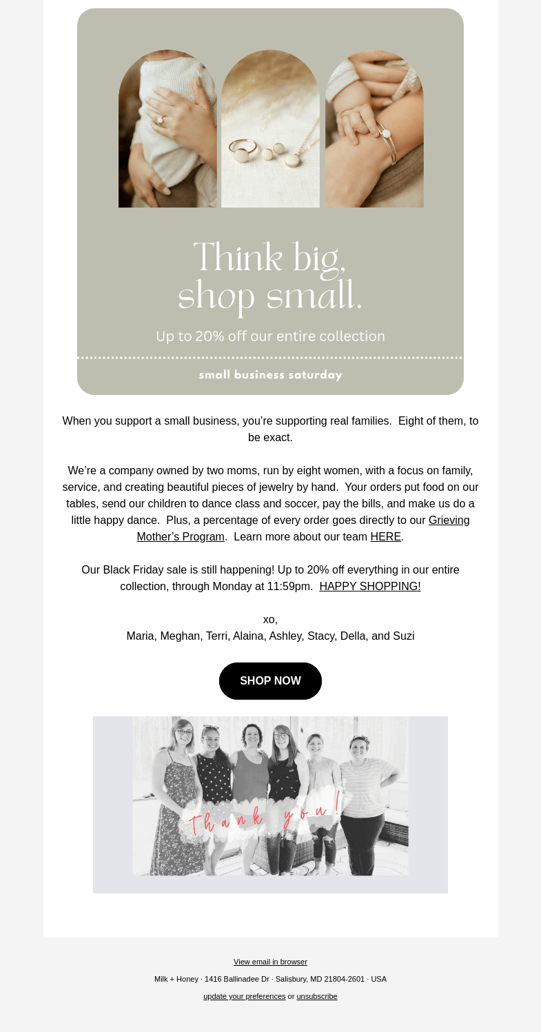 Письмо компании «Milk + Honey Jewelry» на тему «Think big, shop small ✨»