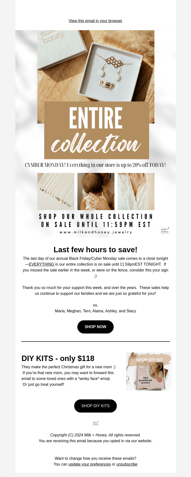 Письмо компании «Milk + Honey Jewelry» на тему «LAST FEW HOURS»